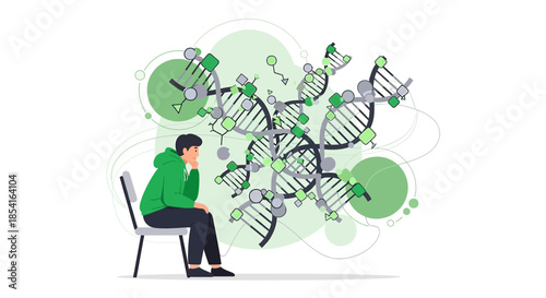 Conceptual illustration: Young man contemplating complex dna molecule structures and genetic
