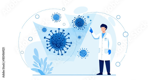 Conceptual medical research illustration depicting virus analysis by a scientist in a sterile lab