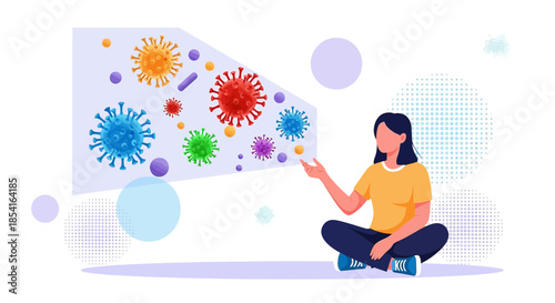 Conceptual visualization of viral particles under study by a focused researcher in illustration