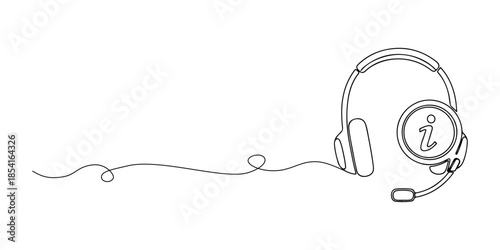 Continuous one line of a headset with information icon, representing customer information hotline, hand drawn vector illustration.