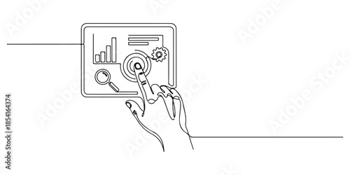 Continuous one line of a hand pointing at a digital screen with data icons, representing guided information service, hand drawn vector illustration.