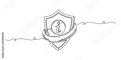 Continuous one line of a shield wrapping an information symbol, representing secure and trusted information service, hand drawn vector illustration.