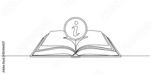 Continuous one line of a book with information symbol, representing knowledge and information service, hand drawn vector illustration.