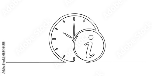 Continuous one line of a clock combined with information icon, representing fast information delivery, hand drawn vector illustration.