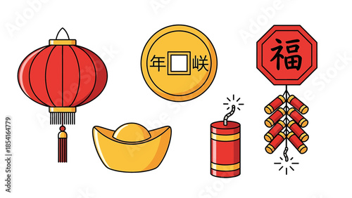 Set of traditional Chinese New Year celebration elements and symbols.