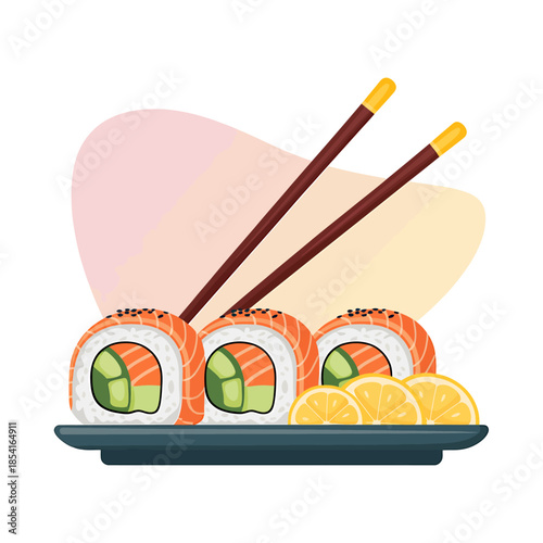 Delicious Sushi Roll Platter with Chopsticks and Lemon
