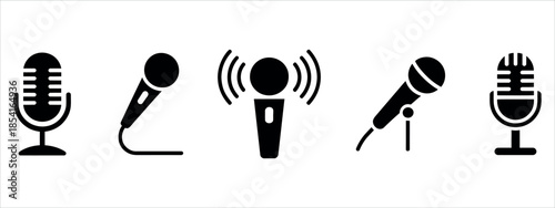 Set of professional microphone icons for audio recording and live performances.