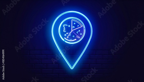 Neon style logo of food point with glowing pizza slice outline