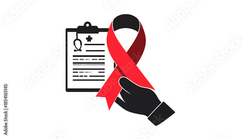 Aids awareness concept with red ribbon and medical report.