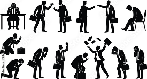 Silhouettes of stressed businessman in suit, black figures, emotional distress, frustration, despair, workplace burnout, corporate pressure, expressive posture, white background