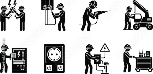 Icons of construction and electrical workers with tools, panels, cranes, sockets, and safety equipment for industrial site activities