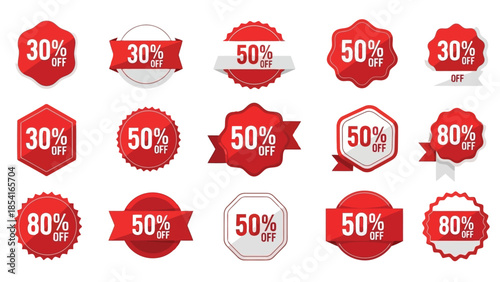 Vector  illustration of A collection of vibrant red sale badges displaying various discount percentages for promotions