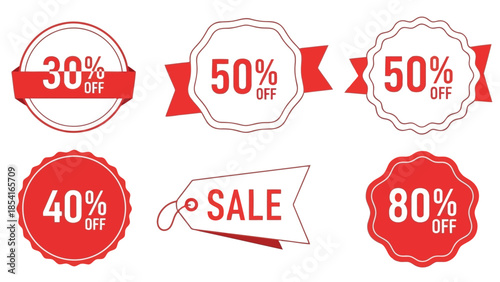 Vector  illustration of A collection of vibrant red sale badges displaying various discount percentages for promotions