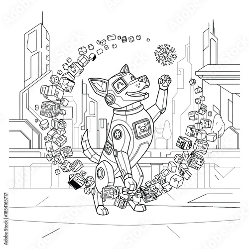 Futuristic Robotic Dog in Sci-Fi City with Digital Cubes and Snowflake – AI Technology Illustration for Coloring and Creative Design