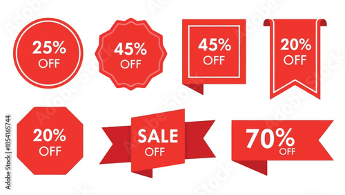Vector  illustration of Collection of vibrant red discount and sale banners with varying percentage offers displayed
