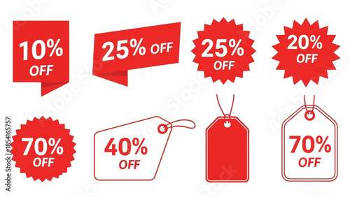 Vector  illustration of A collection of vibrant red sale banners tags and starbursts displaying various discount percentages