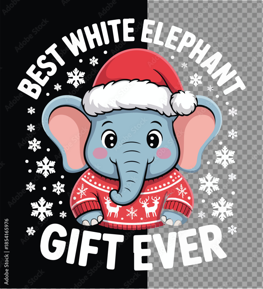 Obraz premium A charming cartoon elephant is joyfully dressed in a festive holiday sweater and santa hat with snowflakes around it, perfectly encapsulates the spirit of the season.