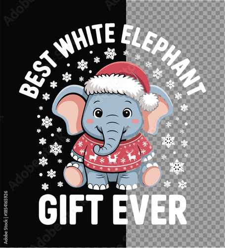A charming and cuddly elephant, adorned in a festive sweater and Santa hat, exudes holiday cheer, perfectly symbolizing the spirit of thoughtful gift-giving. 