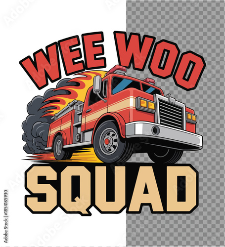  A vibrant illustration depicts a fire truck in action, its siren blaring, rushing to a scene where flames and smoke billow.