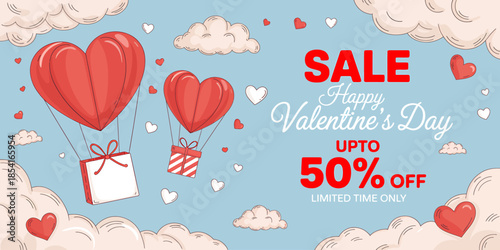 Valentines Day Sale Banner with Hot Air Balloons