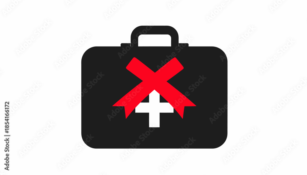 Fototapeta premium Black first aid kit with a red cross and a red X on a white background.
