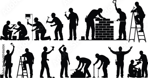 Silhouettes of construction workers performing diverse tasks with tools, ladders, bricks, paint rollers, and manual labor equipment
