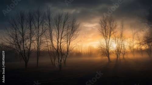 Bare trees silhouetted against a dramatic sunrise, fog swirling in the air, casting long shadows
