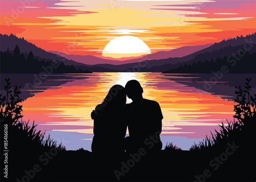 Couple Silhouette Sitting by Lake at Sunset, Romantic Landscape Vector Illustration