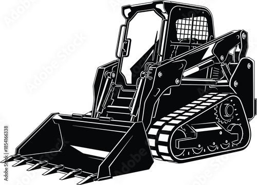 Silhouette of compact track loader with front bucket, hydraulic arms, rubber tracks, construction machinery for earthmoving and material handling