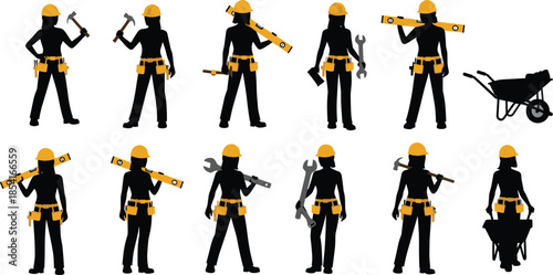 Silhouettes of construction workers in hard hats and tool belts using hammers, wrenches, wheelbarrow, toolbox, and diverse site equipment