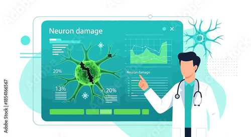 Doctor analyzing neuron damage data on a tablet screen within a medical context illustration