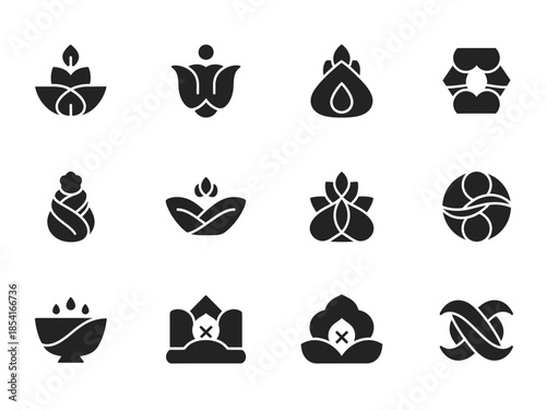 A collection of abstract icons featuring lotus flowers and symbolic designs in a minimalist style