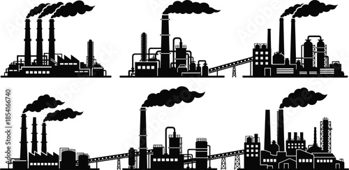 Silhouettes of industrial factories with chimneys, smoke, storage tanks, piping systems, and complex manufacturing infrastructure for construction and energy