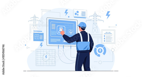 Electrical engineer using digital interface to manage power grid and distribution systems