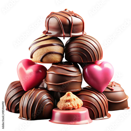 Pile of assorted chocolates in pyramid shape isolated on transparent background