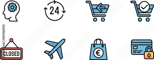 Icons representing 24hour shopping and travel services