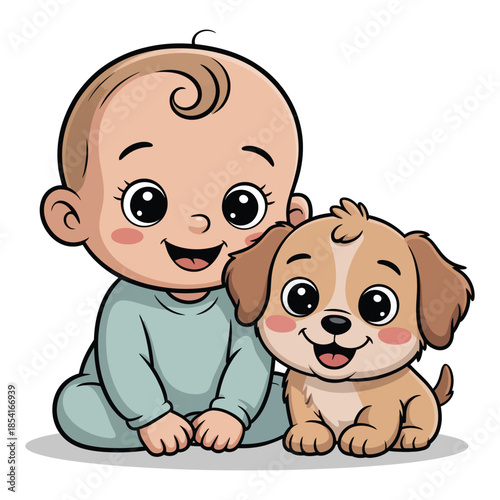 Cute baby cartoon with puppy sitting together lovely infant illustration and happy childhood moment design perfect for kid related graphic 180 characters max
