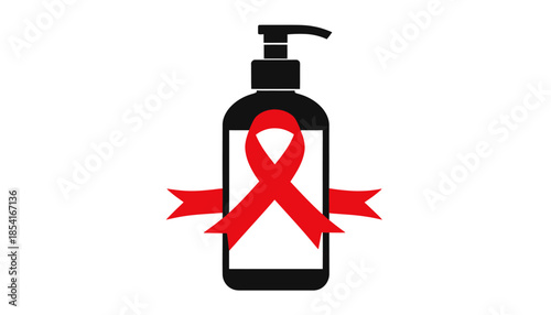 Hand sanitizer bottle with red ribbon for AIDS awareness campaign.