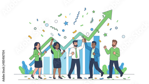 Diverse business team celebrates successful financial growth and achievement, high-fiving amidst an upward trending graph and joyful confetti