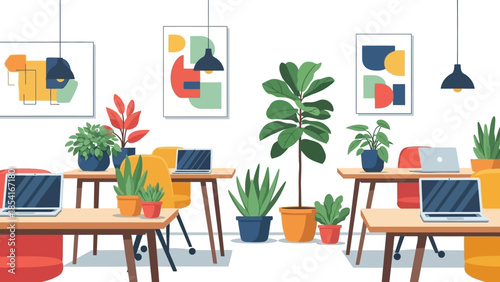 Modern open-plan office interior illustration with green plants, laptops, and abstract wall art. Healthy workspace design promoting productivity and comfort