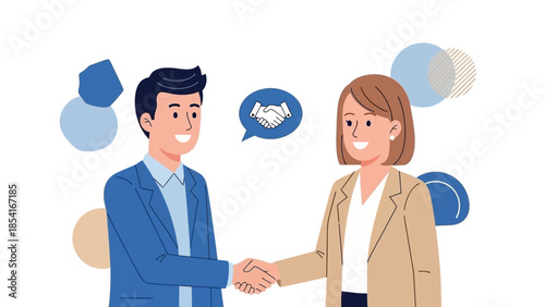 Digital illustration depicting two smiling business professionals, a man and a woman, shaking hands to signify a successful deal, partnership, and collaborative agreement