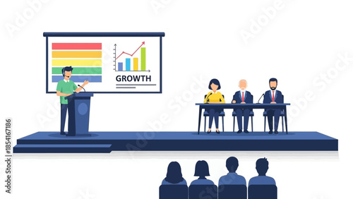 Diverse Business Professionals Presenting Growth Strategies and Data Visualization to an Engaged Audience in a Corporate Meeting Setting