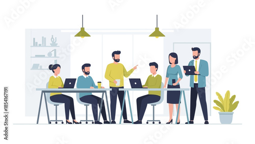 Dynamic business professionals collaborating productively at a modern office table, engaged in strategic discussions and task execution with laptops and diverse perspectives