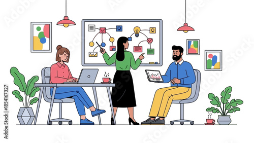 Dynamic business team collaborating and brainstorming innovative strategies, analyzing project roadmaps during a productive office meeting with focused professionals