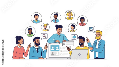 Diverse business professionals collaborating, networking, and recruiting, showcasing modern team communication and talent acquisition strategies in a dynamic office setting