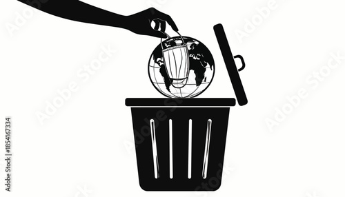 A hand throws a globe with a mask into a trash can, symbolizing the end of the pandemic.
