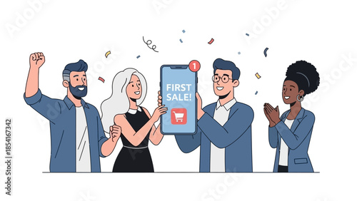 Diverse, jubilant team celebrates their triumphant first successful online sale, proudly displaying 'First Sale' on a smartphone, marking an e-commerce milestone