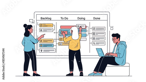 Professional team members utilizing an agile project management board to streamline task organization, enhance collaboration, and track workflow progress efficiently