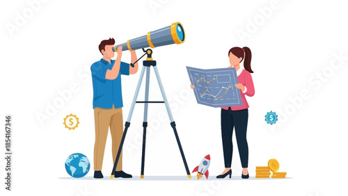 Strategic Business Foresight Professionals plan future growth, analyzing market trends with a telescope and financial charts for long-term vision and success