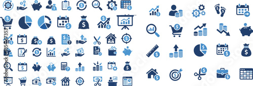 Comprehensive collection of blue and dark blue finance and business concept icons perfect for digital marketing presentations and infographics display.